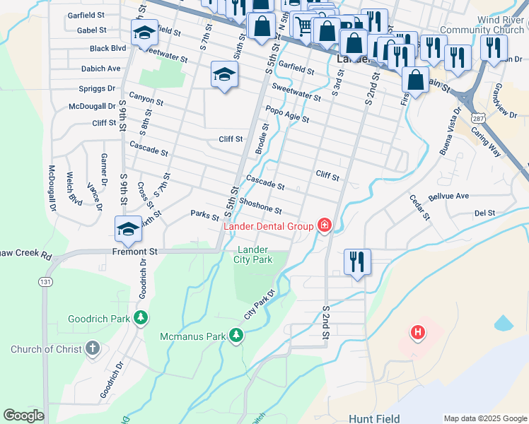 map of restaurants, bars, coffee shops, grocery stores, and more near 525 Shoshone Street in Lander