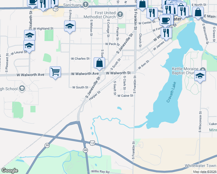 map of restaurants, bars, coffee shops, grocery stores, and more near 557 West Harper Street in Whitewater