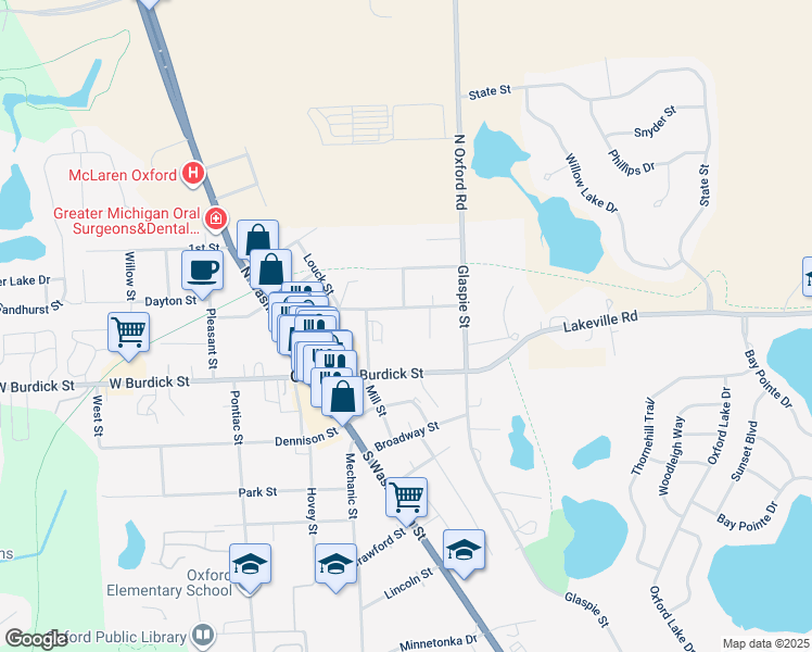 map of restaurants, bars, coffee shops, grocery stores, and more near 94 East Street in Oakland County