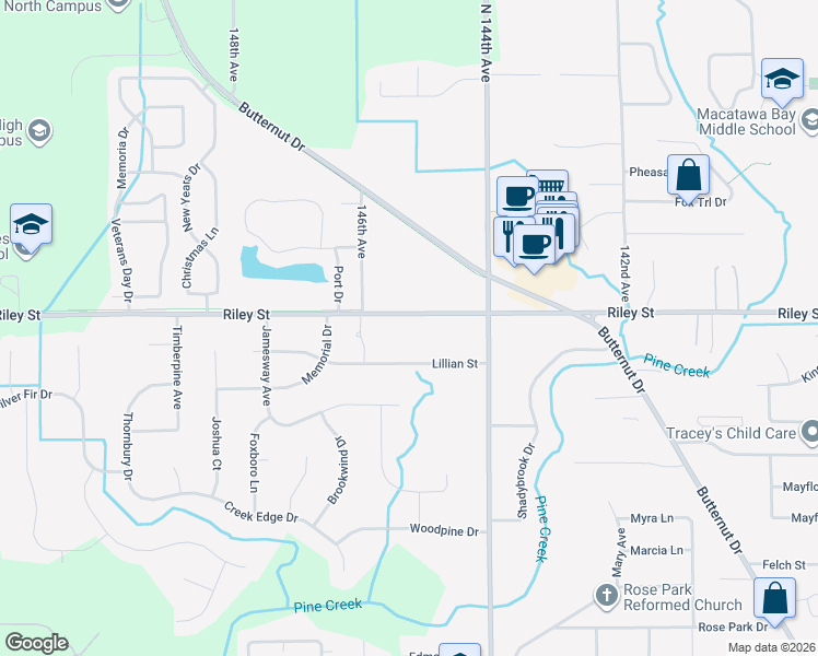 map of restaurants, bars, coffee shops, grocery stores, and more near 730 Riley Street in Holland