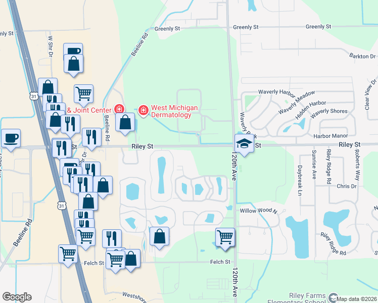 map of restaurants, bars, coffee shops, grocery stores, and more near 12238 Riley Street in Holland