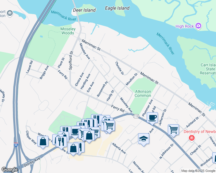map of restaurants, bars, coffee shops, grocery stores, and more near 31 Moseley Avenue in Newburyport