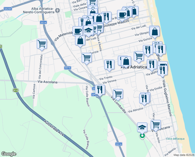map of restaurants, bars, coffee shops, grocery stores, and more near 109 Via Trieste in Alba Adriatica