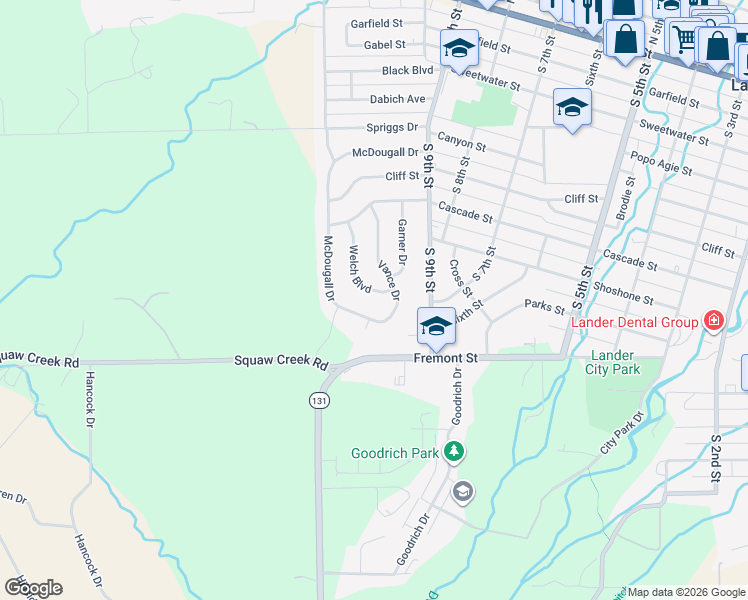 map of restaurants, bars, coffee shops, grocery stores, and more near 811 Welch Blvd in Lander