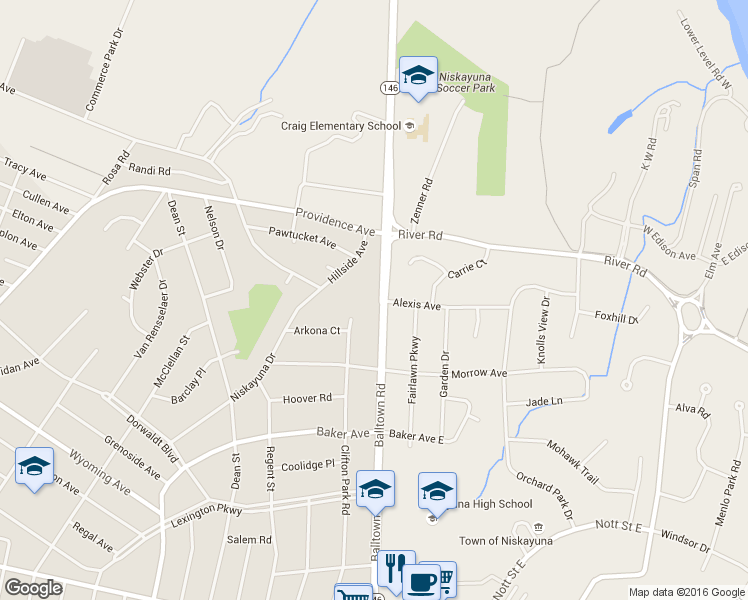 map of restaurants, bars, coffee shops, grocery stores, and more near 2301 Balltown Road in Schenectady County