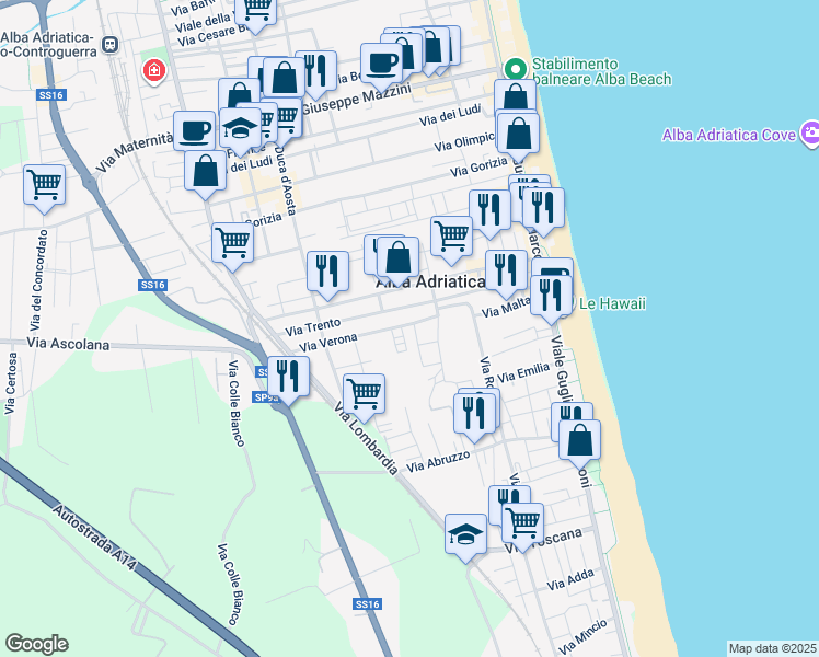map of restaurants, bars, coffee shops, grocery stores, and more near in Alba Adriatica