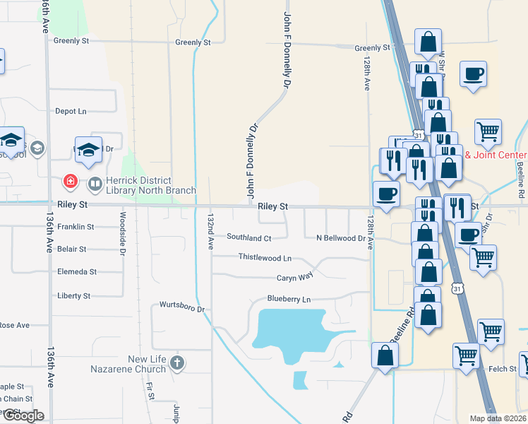 map of restaurants, bars, coffee shops, grocery stores, and more near 13073 Westland Court in Holland