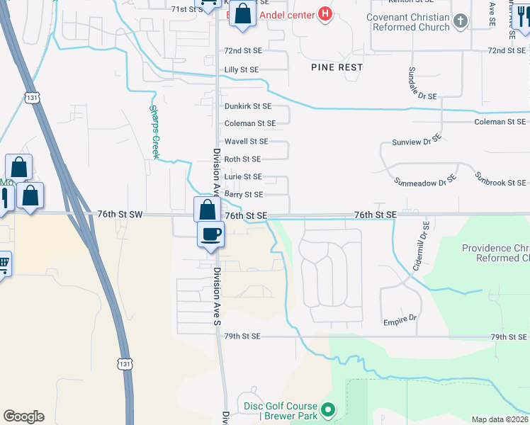 map of restaurants, bars, coffee shops, grocery stores, and more near 131 76th Street Southeast in Grand Rapids