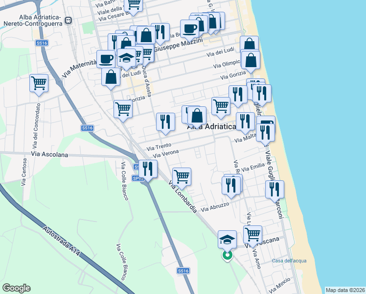 map of restaurants, bars, coffee shops, grocery stores, and more near 45 Via Trento in Alba Adriatica