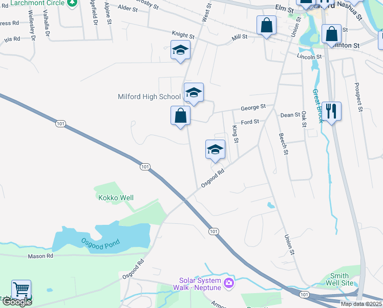 map of restaurants, bars, coffee shops, grocery stores, and more near 100 Union Square in Milford