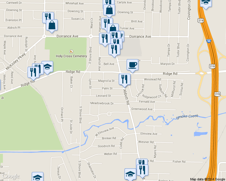map of restaurants, bars, coffee shops, grocery stores, and more near 83 Palm Street in Buffalo