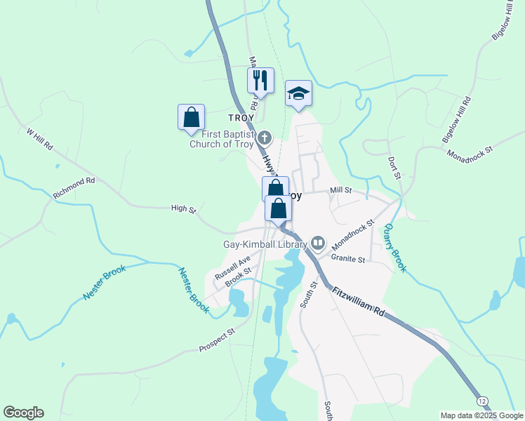 map of restaurants, bars, coffee shops, grocery stores, and more near 25 Prospect Street in Troy