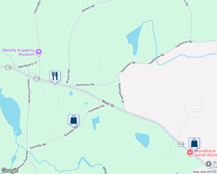 map of restaurants, bars, coffee shops, grocery stores, and more near 60 Harkness Road in Jaffrey
