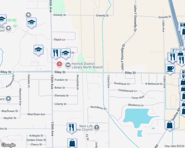 map of restaurants, bars, coffee shops, grocery stores, and more near 13318 Riley Street in Holland