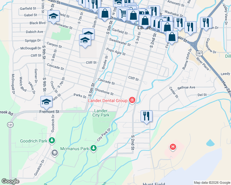 map of restaurants, bars, coffee shops, grocery stores, and more near 358 Shoshone Street in Lander
