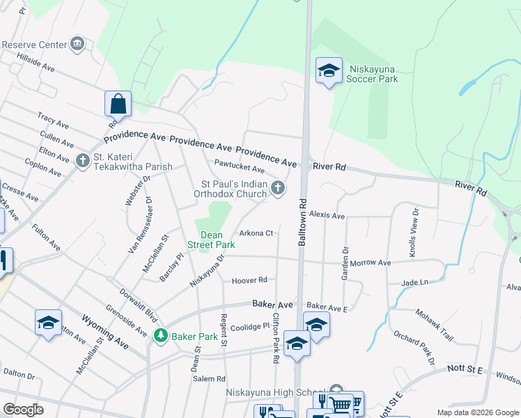 map of restaurants, bars, coffee shops, grocery stores, and more near 2340 Niskayuna Drive in Niskayuna