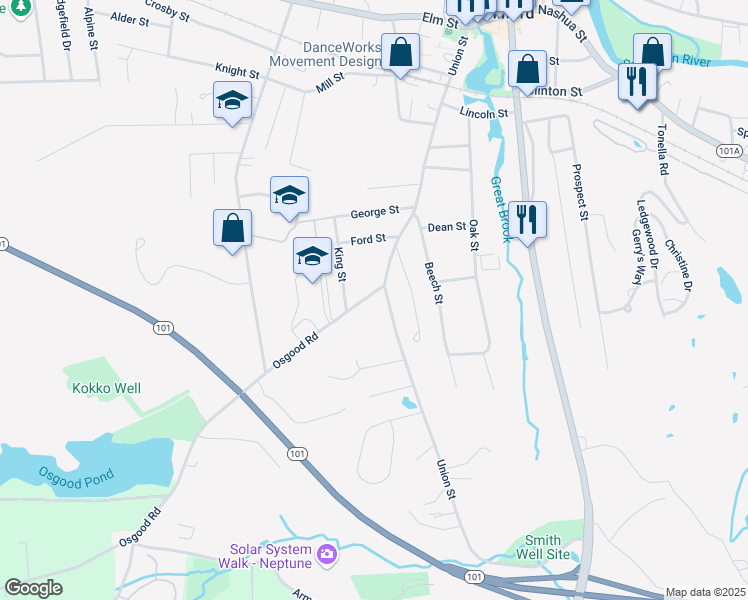 map of restaurants, bars, coffee shops, grocery stores, and more near 14 Osgood Road in Milford
