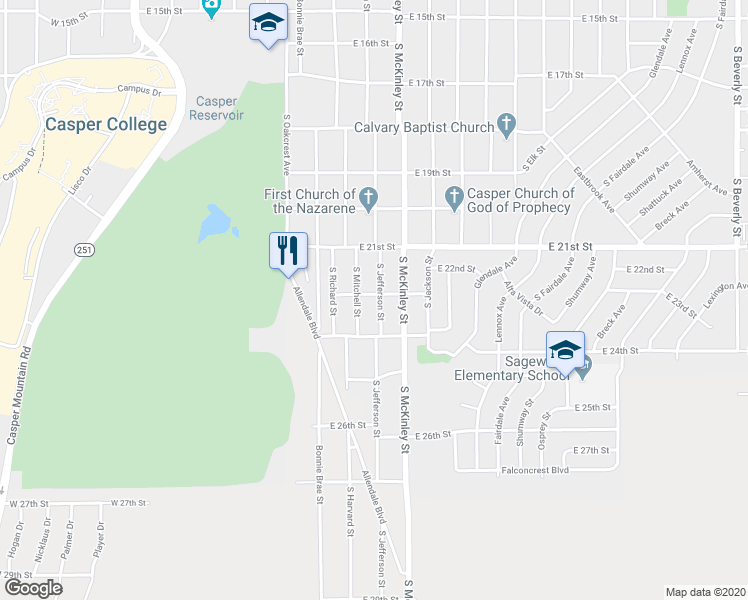 map of restaurants, bars, coffee shops, grocery stores, and more near 815 East 22nd Street in Casper