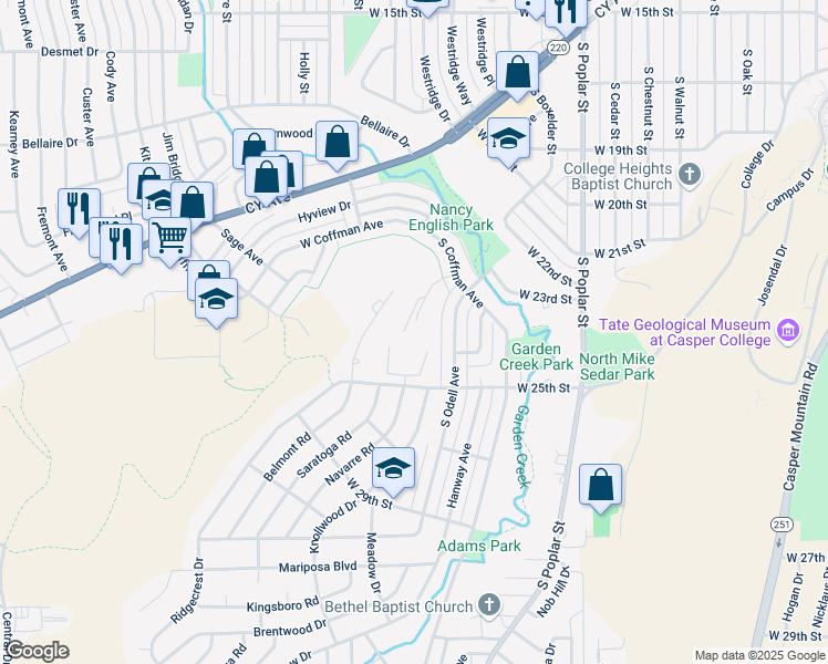 map of restaurants, bars, coffee shops, grocery stores, and more near 2407 Grandview Place in Casper