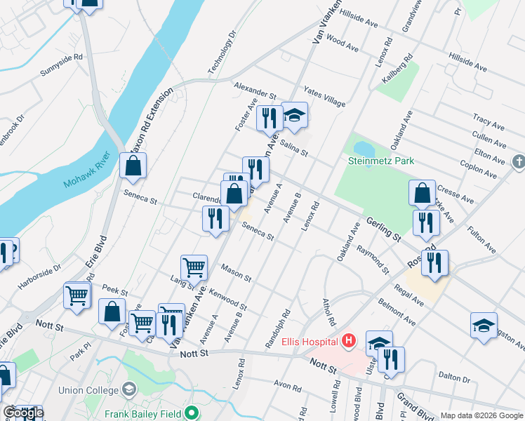 map of restaurants, bars, coffee shops, grocery stores, and more near 1833 Avenue A in Schenectady