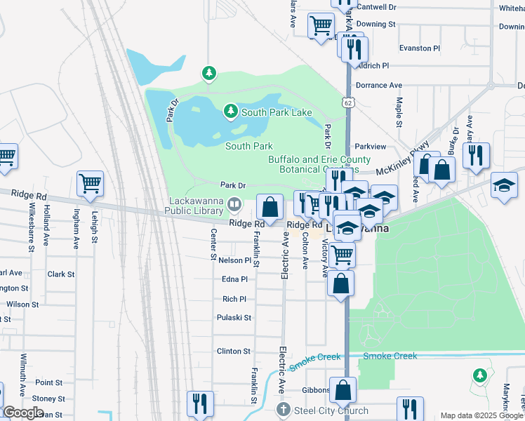map of restaurants, bars, coffee shops, grocery stores, and more near 592 Ridge Road in Buffalo