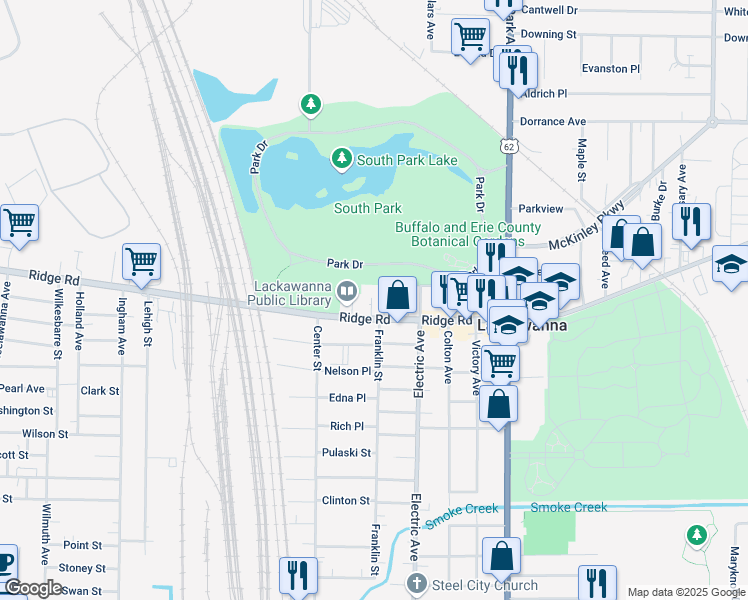 map of restaurants, bars, coffee shops, grocery stores, and more near 592 Ridge Road in Buffalo