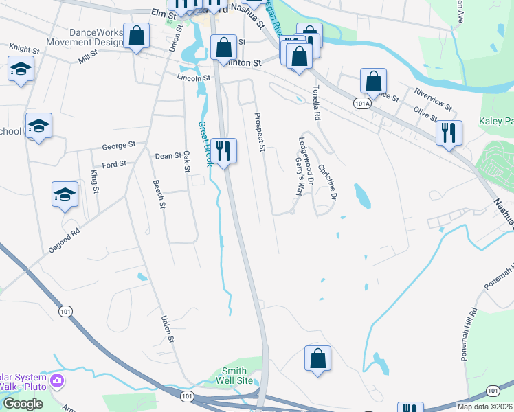 map of restaurants, bars, coffee shops, grocery stores, and more near 86 Webster Street in Milford