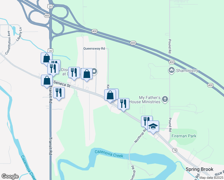 map of restaurants, bars, coffee shops, grocery stores, and more near 40 King Road in Erie County