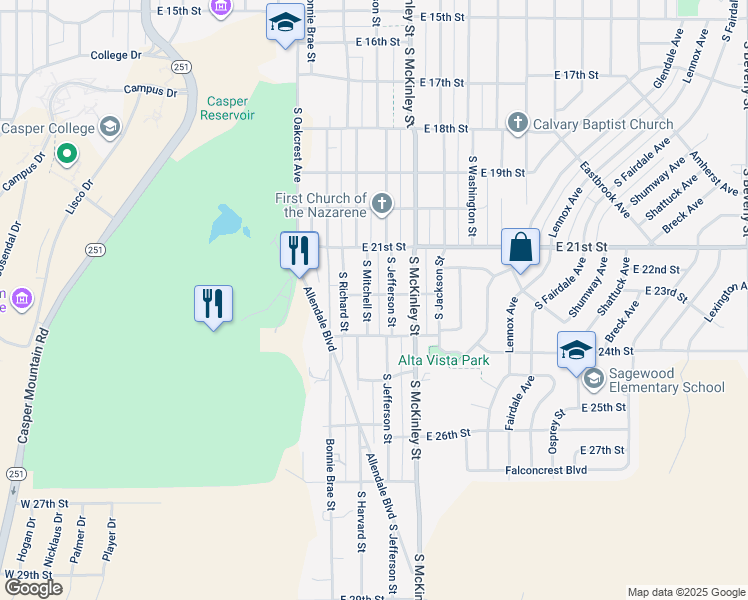 map of restaurants, bars, coffee shops, grocery stores, and more near 815 East 22nd Street in Casper
