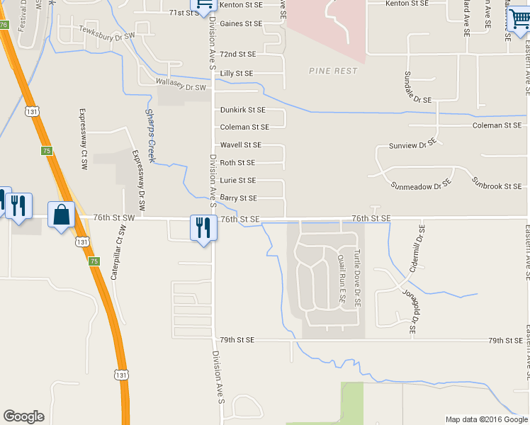 map of restaurants, bars, coffee shops, grocery stores, and more near 131 76th St SE in Grand Rapids