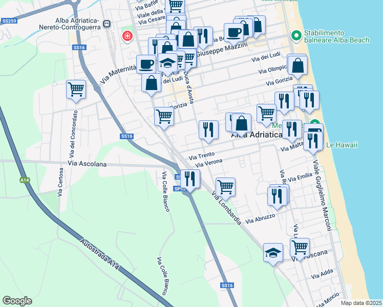 map of restaurants, bars, coffee shops, grocery stores, and more near 109 Via Trieste in Alba Adriatica