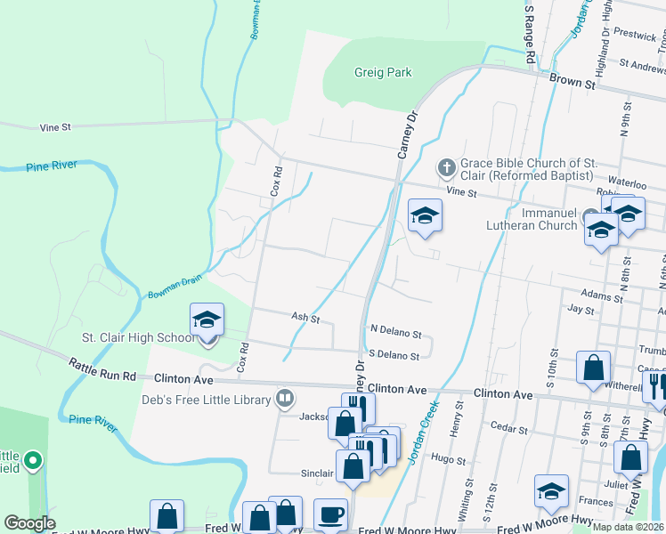 map of restaurants, bars, coffee shops, grocery stores, and more near 1927 Woodland Estates Drive in Saint Clair
