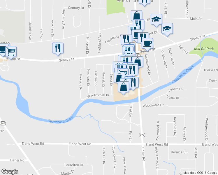 map of restaurants, bars, coffee shops, grocery stores, and more near 28 Singer Drive in Buffalo