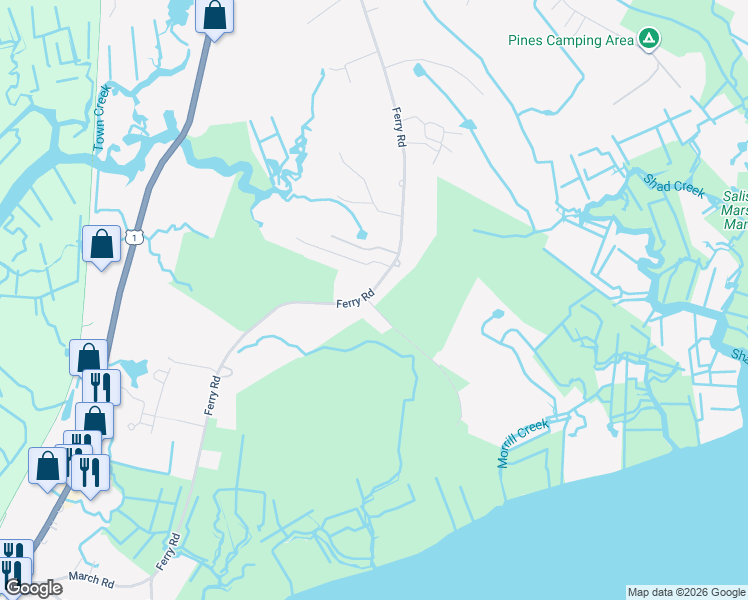 map of restaurants, bars, coffee shops, grocery stores, and more near 86 Ferry Road in Salisbury