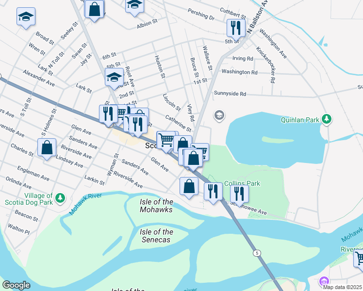 map of restaurants, bars, coffee shops, grocery stores, and more near 107 James Street in Scotia