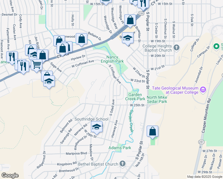 map of restaurants, bars, coffee shops, grocery stores, and more near 2316 South Odell Avenue in Casper