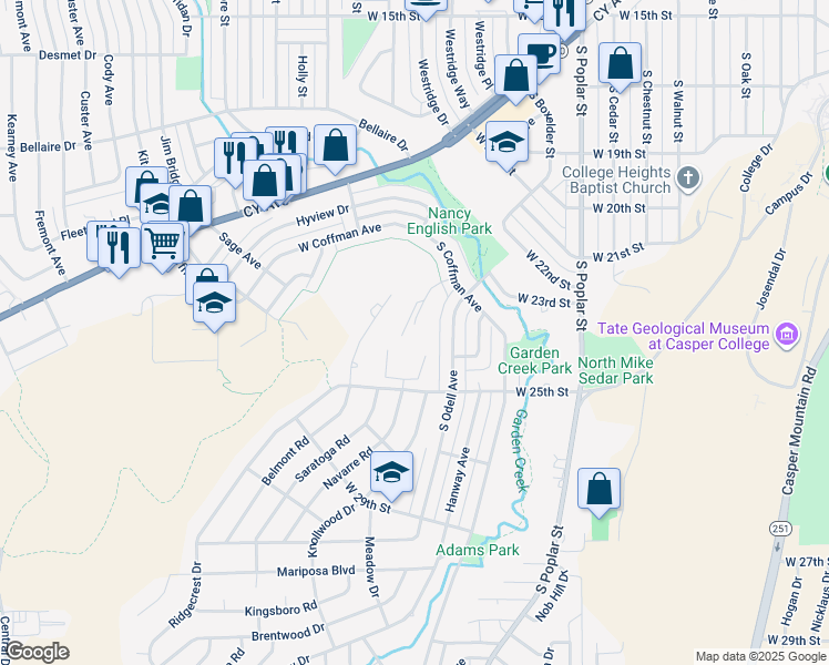 map of restaurants, bars, coffee shops, grocery stores, and more near 2407 Grandview Place in Casper