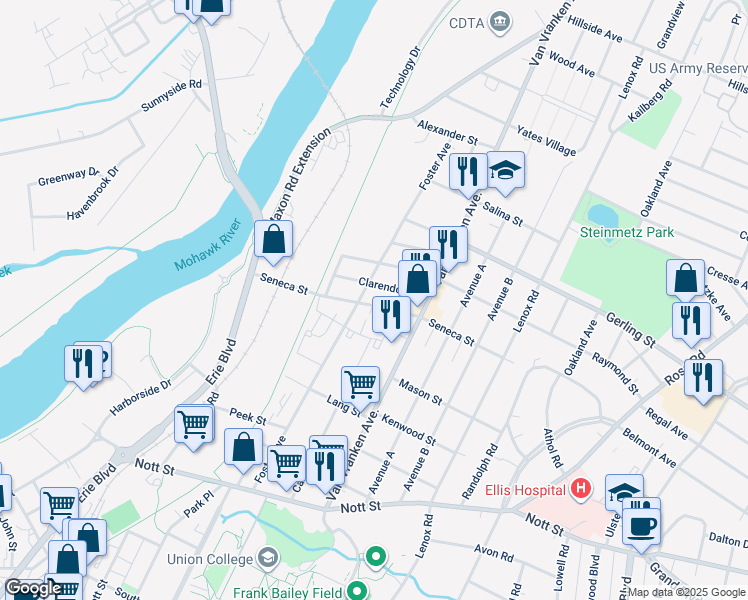 map of restaurants, bars, coffee shops, grocery stores, and more near 525 Seneca Street in Schenectady