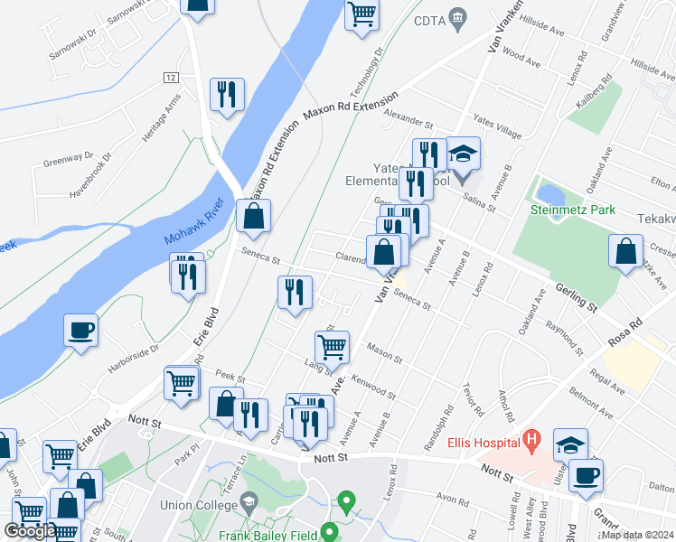 map of restaurants, bars, coffee shops, grocery stores, and more near 525 Seneca Street in Schenectady