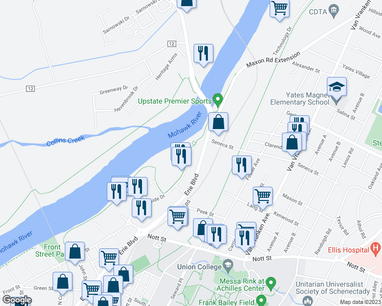 map of restaurants, bars, coffee shops, grocery stores, and more near 220 Harborside Drive in Schenectady