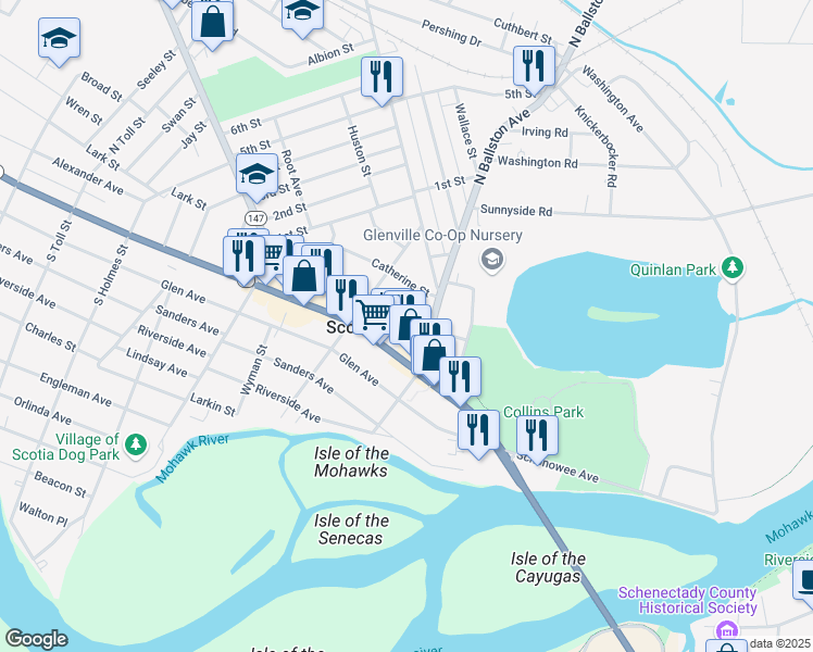map of restaurants, bars, coffee shops, grocery stores, and more near 107 James Street in Scotia