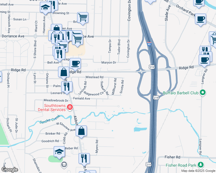 map of restaurants, bars, coffee shops, grocery stores, and more near 316 Ridgewood Circle in Lackawanna