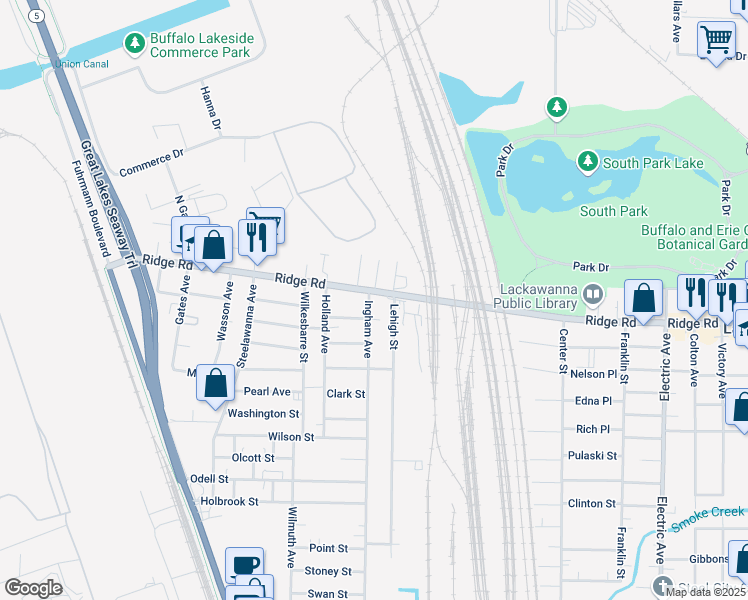 map of restaurants, bars, coffee shops, grocery stores, and more near in Lackawanna