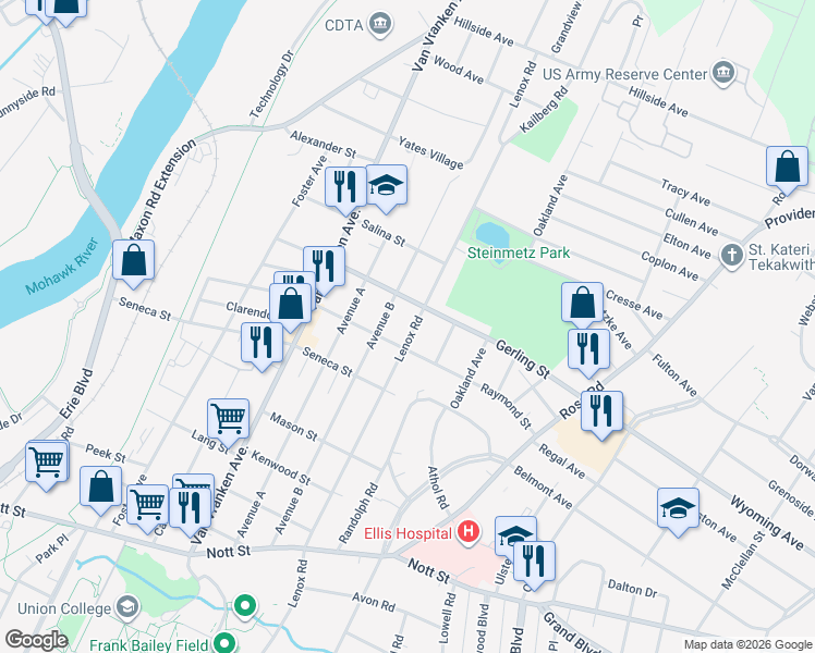 map of restaurants, bars, coffee shops, grocery stores, and more near 1913 Lenox Road in Schenectady