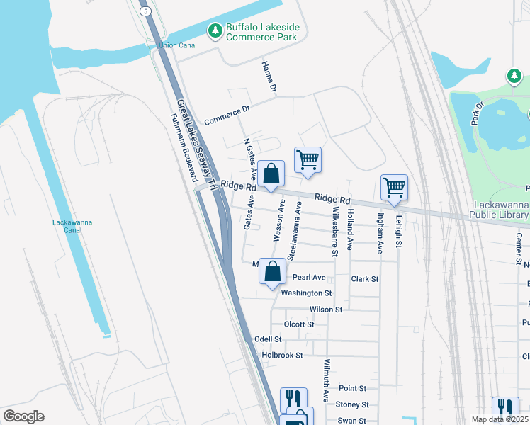map of restaurants, bars, coffee shops, grocery stores, and more near 23 Church Street in Lackawanna