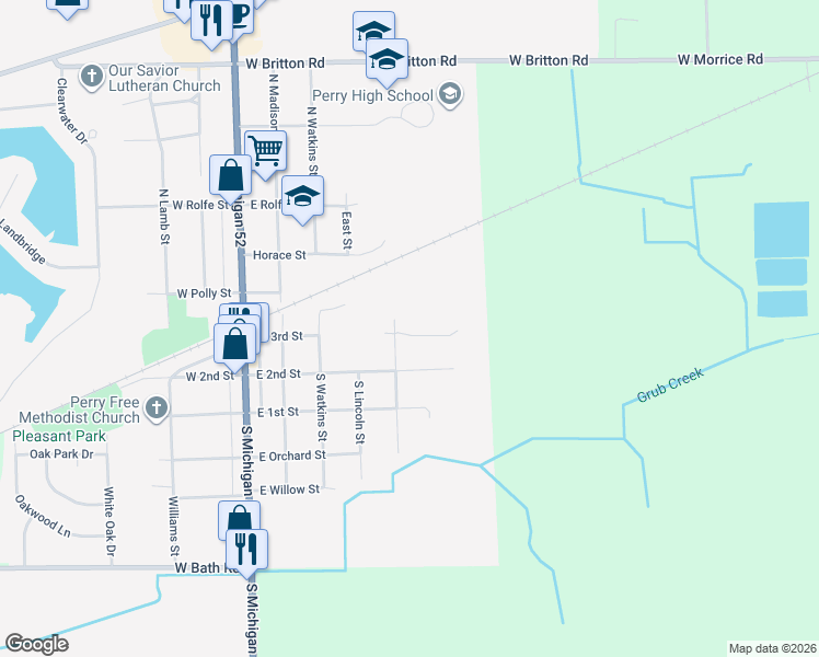 map of restaurants, bars, coffee shops, grocery stores, and more near 160 North Washington Street in Perry