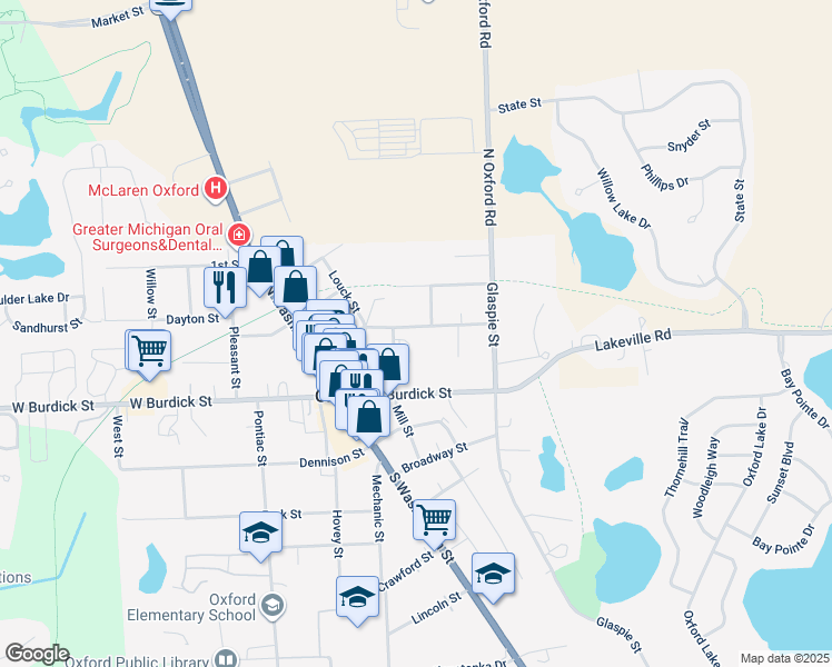 map of restaurants, bars, coffee shops, grocery stores, and more near E Street in Oakland County