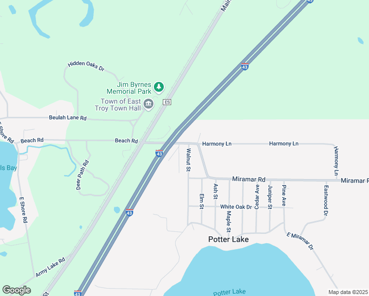 map of restaurants, bars, coffee shops, grocery stores, and more near W1051 Miramar Rd in East Troy