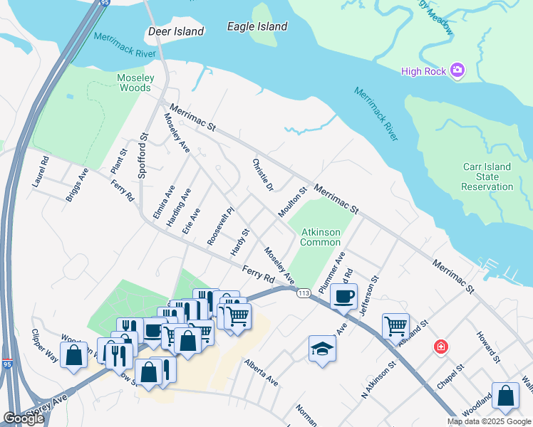 map of restaurants, bars, coffee shops, grocery stores, and more near 11 Cushing Avenue in Newburyport