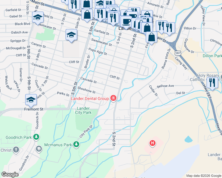 map of restaurants, bars, coffee shops, grocery stores, and more near 291 Cascade Street in Lander